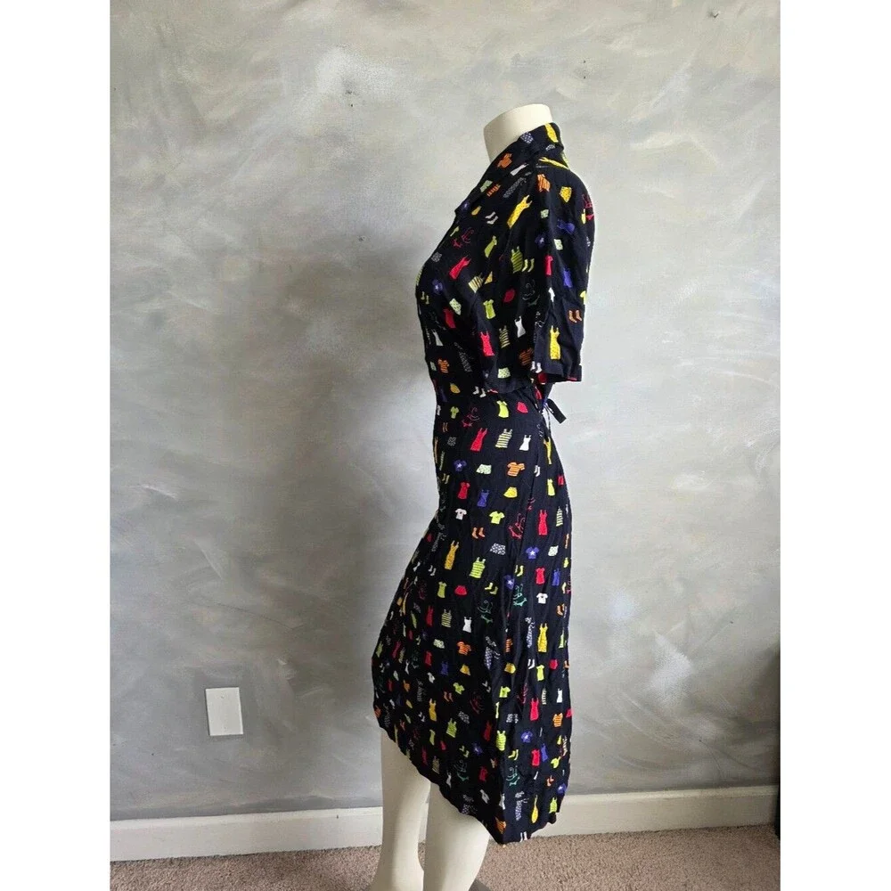Vtg 90s David Dart Black Button Up Novelty Print Multicolor Dress Sz L Collar